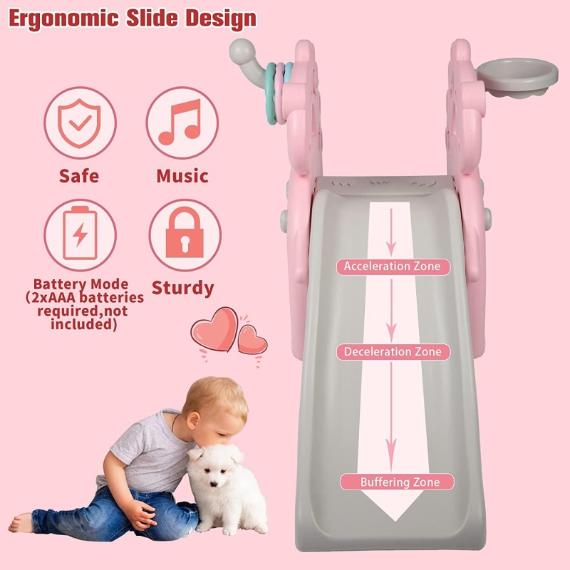 4 In 1 Kids Freestanding Slide For 1-3 Years Old , Indoor Outdoor Playset With Music, Pink
