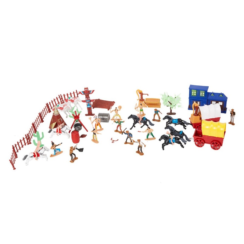 Wild West Cowboy And Indian Toy Plastic Figures, War Game Educational Bucket Playset Toy
