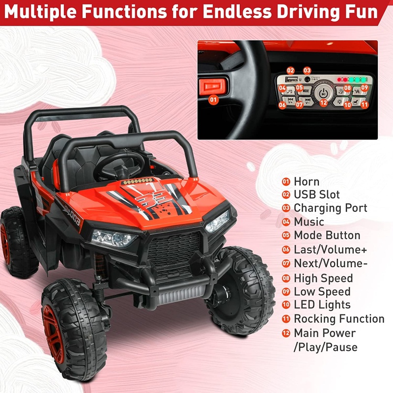 2 Seater Ride On Car Truck 12V Battery Powered Electric Vehicle With Parent Remote Control 4Wd Kids Electric Car With Bluetooth, Music, Usb, Led Lights 3 Speed Modes For Boys Girls