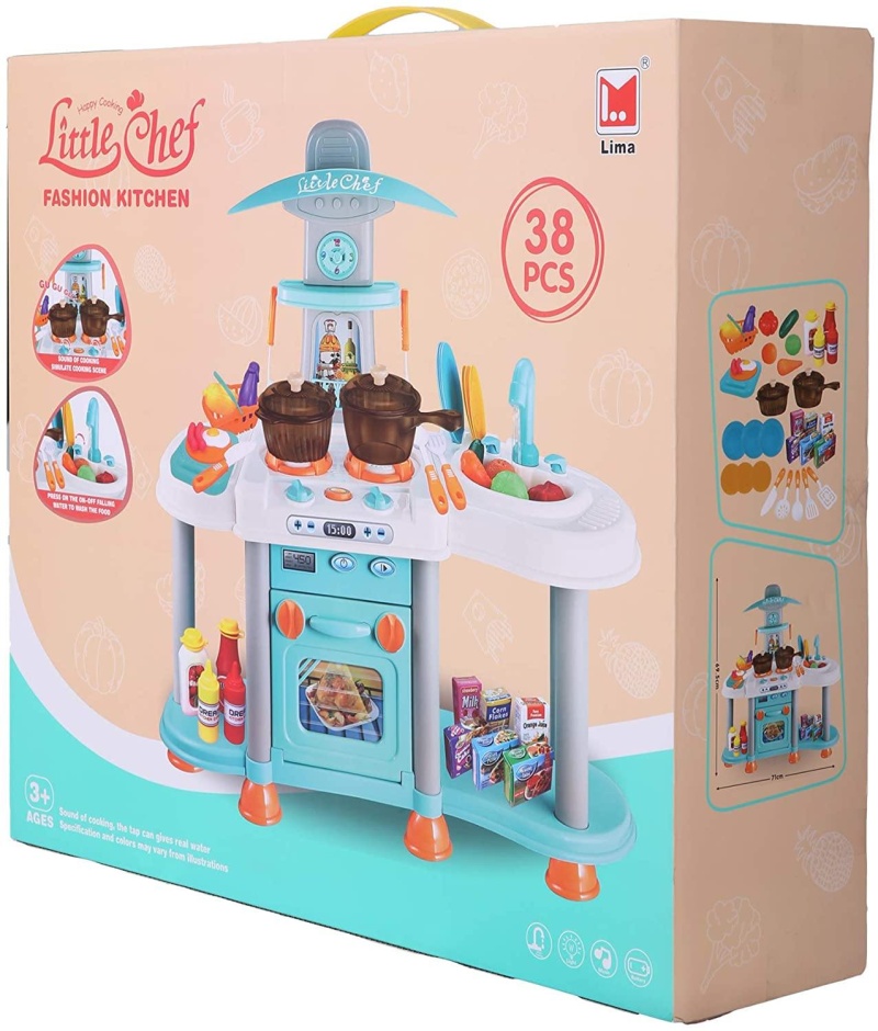(Out Of Stock) Kids Kitchen Playset With Lights & Sounds Play Kitchen Activity Set With 38 Pcs Kitchen Accessories And Food Toys, Light Blue
