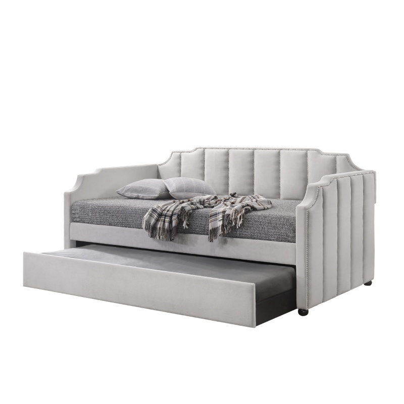 Fabric Twin Size Daybed With Channel Tufting And Nailhead Trim, Gray