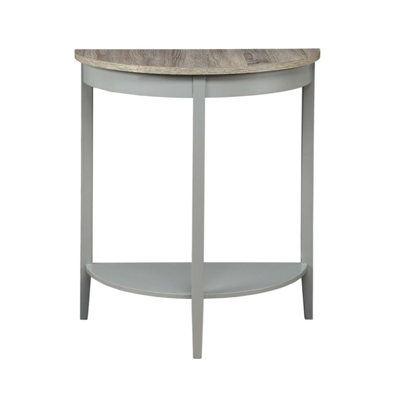 Wooden Half Moon Console Table with One Open Bottom Shelf, Oak Brown and Gray