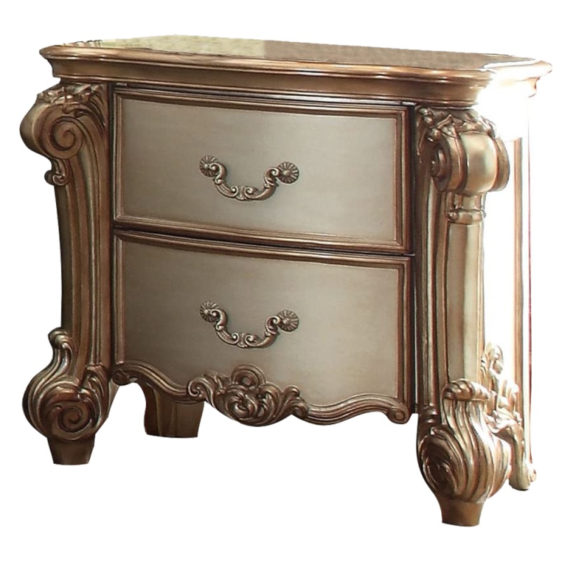 Wooden Nightstand With Two Drawers, Gold And Bone White