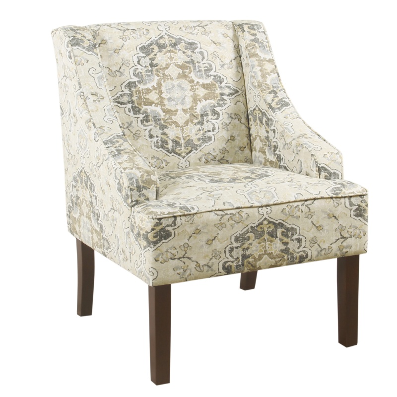 Fabric Upholstered Wooden Accent Chair With Swooping Armrests, Multicolor