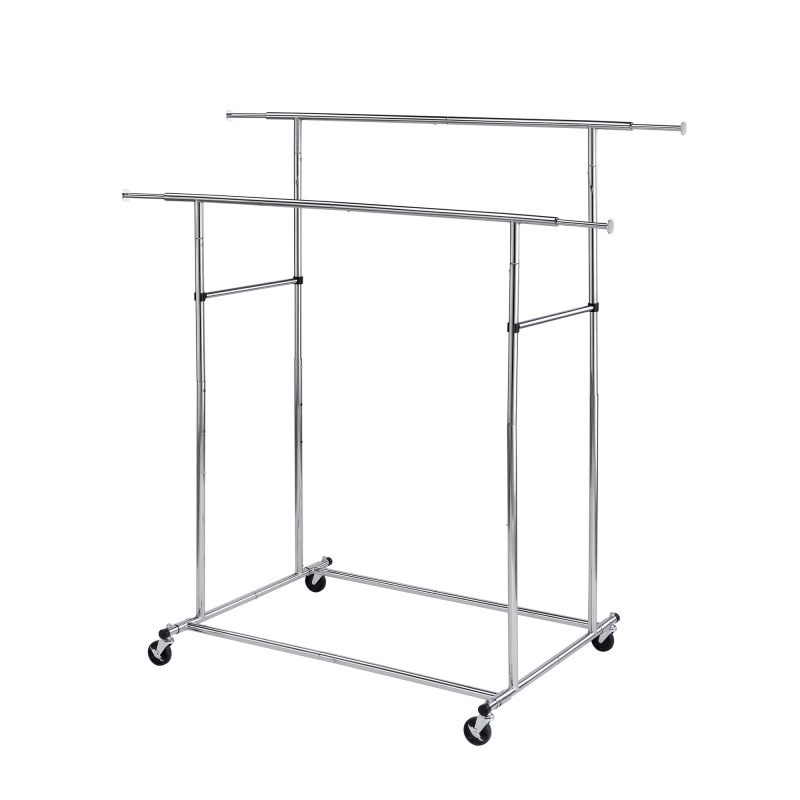Benjara Chrome Dual-Bar Tubular Metal Garment Rack with Casters