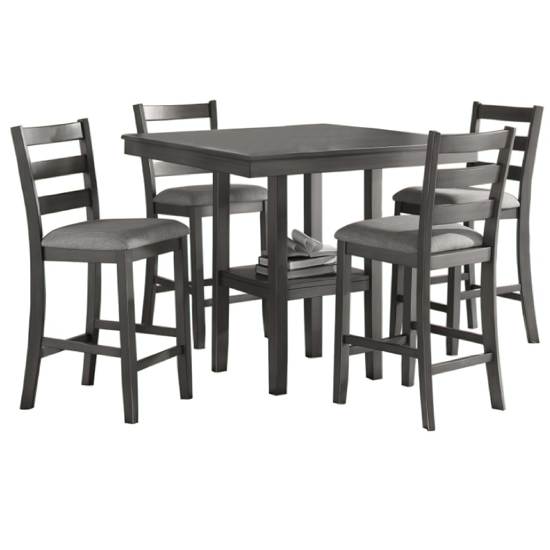 5 Piece Counter Height Dining Set, Table And 4 Chairs, Padded Seats, Gray