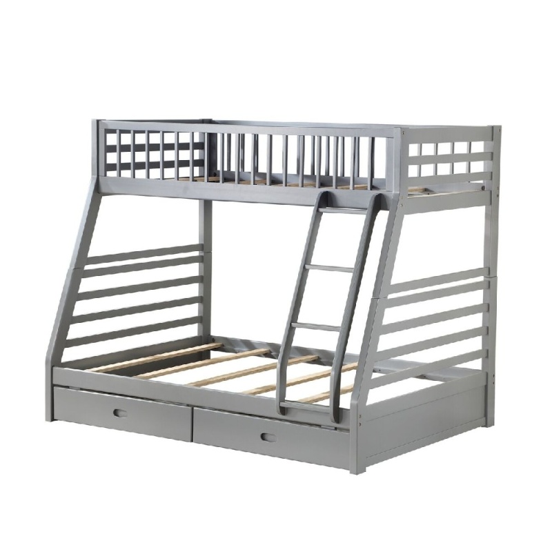 Transitional Twin Size Bunk Bed With Vertical Slats And Angled Ladder,Gray