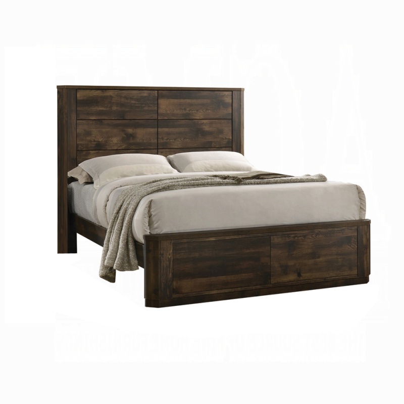 Transitional Style Queen Size Bed With Panel Design Headboard, Rustic Brown