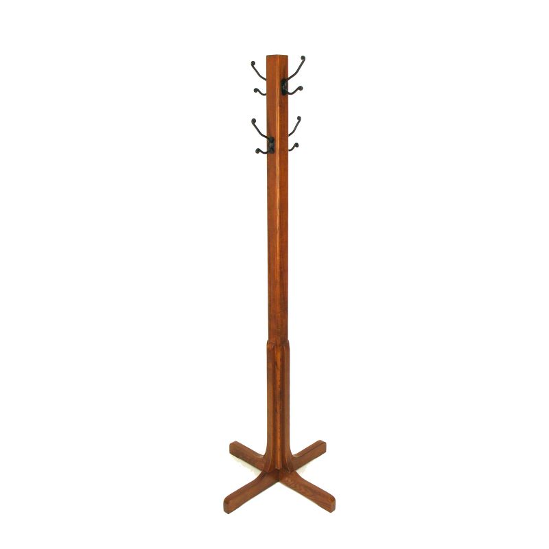 Wooden Coat Stand With X Frame Base And Metal Hooks, Oak Brown