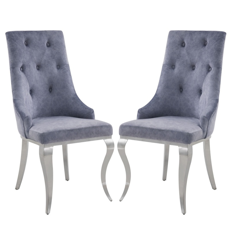 Side Chair With Button Tufting And Metal Legs, Set Of 2, Gray And Silver