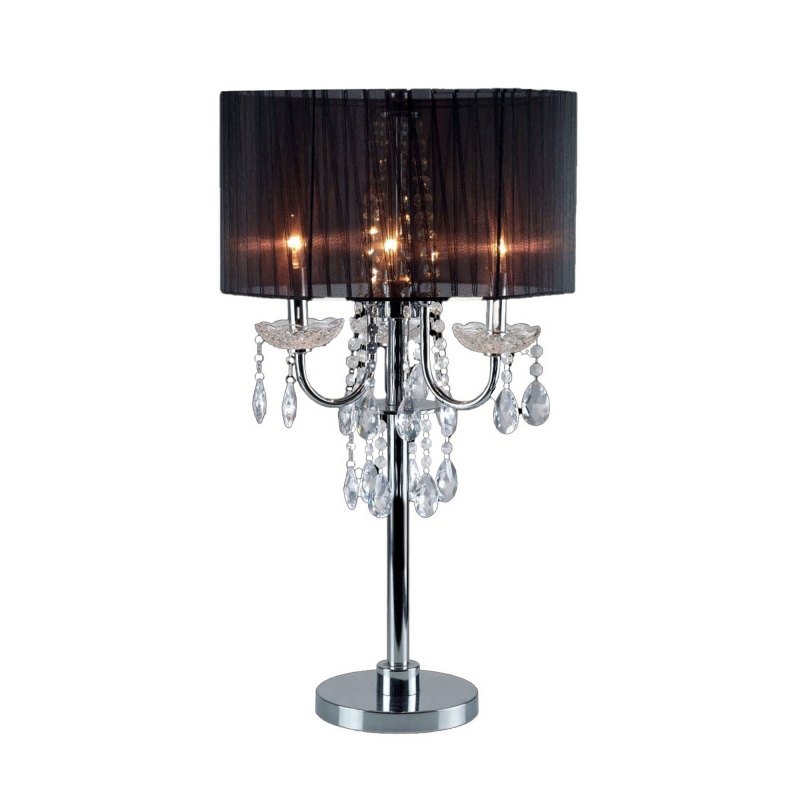 Table Lamp With Pleated Drum Shade and Crystal Droplets, Chrome
