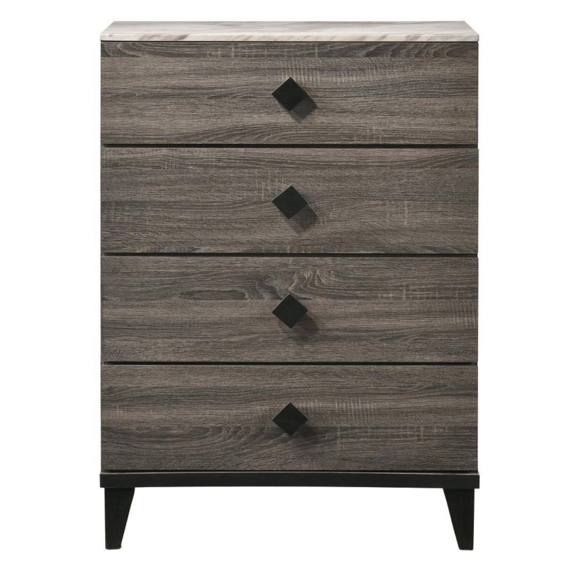 4 Drawer Wooden Chest With Grains And Angled Legs, Gray