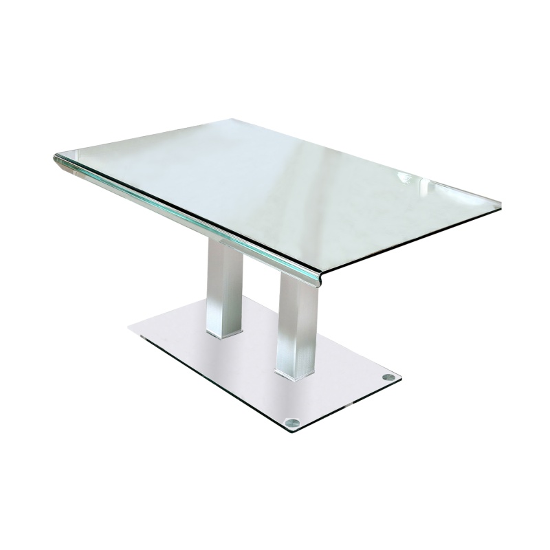 Metal And Glass Dining Table With Dual Post Pedestal Base, Chrome