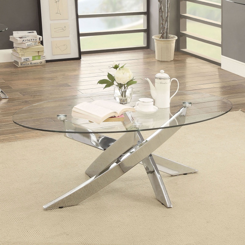 Oval Shape Glass Top Coffee Table With Criss Cross Base, Silver And Clear