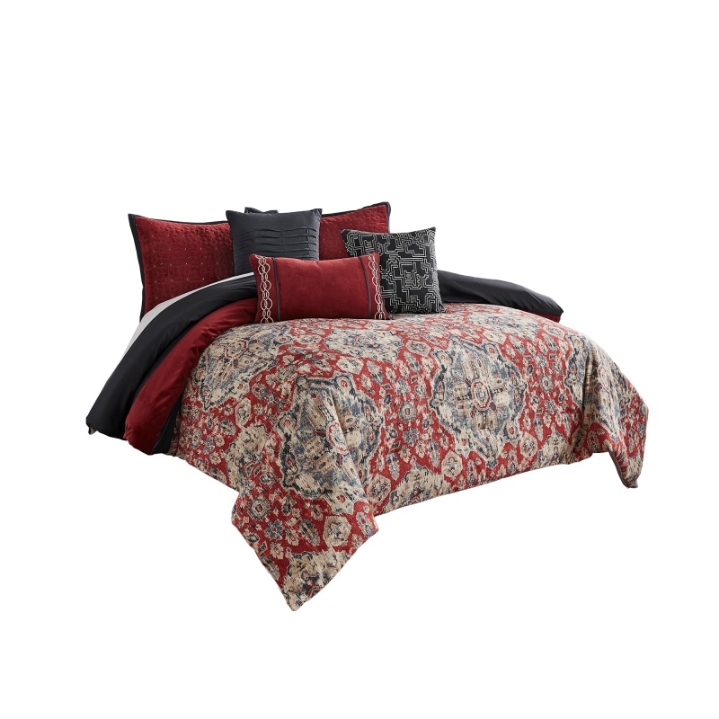 9 Piece Queen Size Comforter Set With Medallion Print, Red And Blue