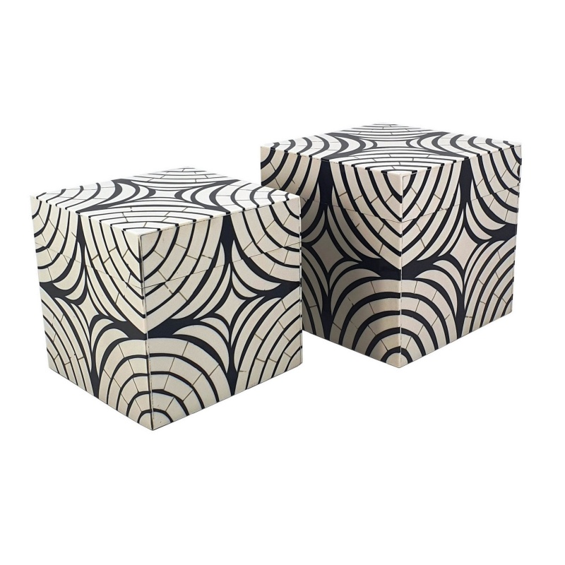 8, 7 Inch Storage Box Set Of 2, Wood Frame, Black And White Trellis