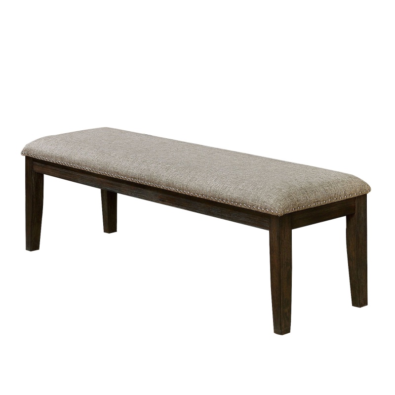 Fabric Upholstered Bench With Nailhead Trim And Tapered Legs, Gray And Espresso