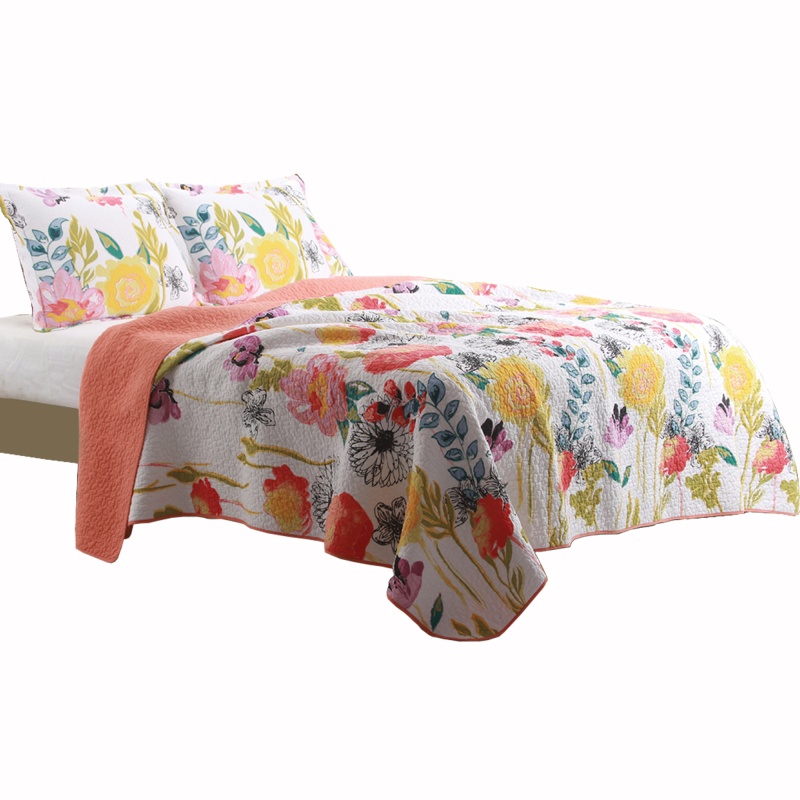 3 Piece Cotton King Size Quilt Set With Stencil Flower Print, Multicolor