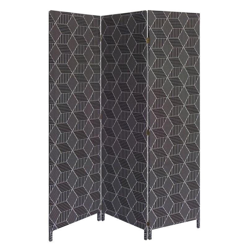 71 Inch 3 Panel Fabric Room Divider With Geometric Print, Black