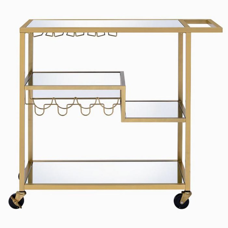 Metal Framed Serving Cart With Wine Bottle Holder And Stemware, Gold And Clear