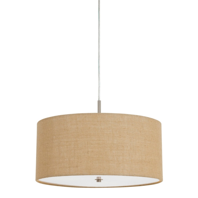 Metal Pendant Lighting With Fabric Circular Drum Shade And Cord, Beige
