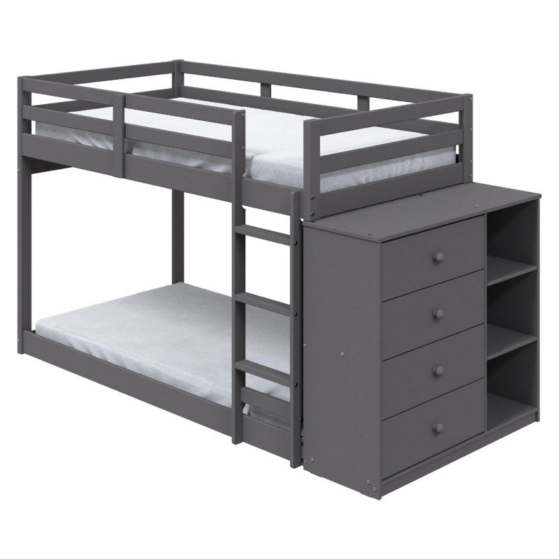 Classic Twin Bunk Bed With Cabinet, 4 Drawers, 3 Compartments, Ladder, Gray