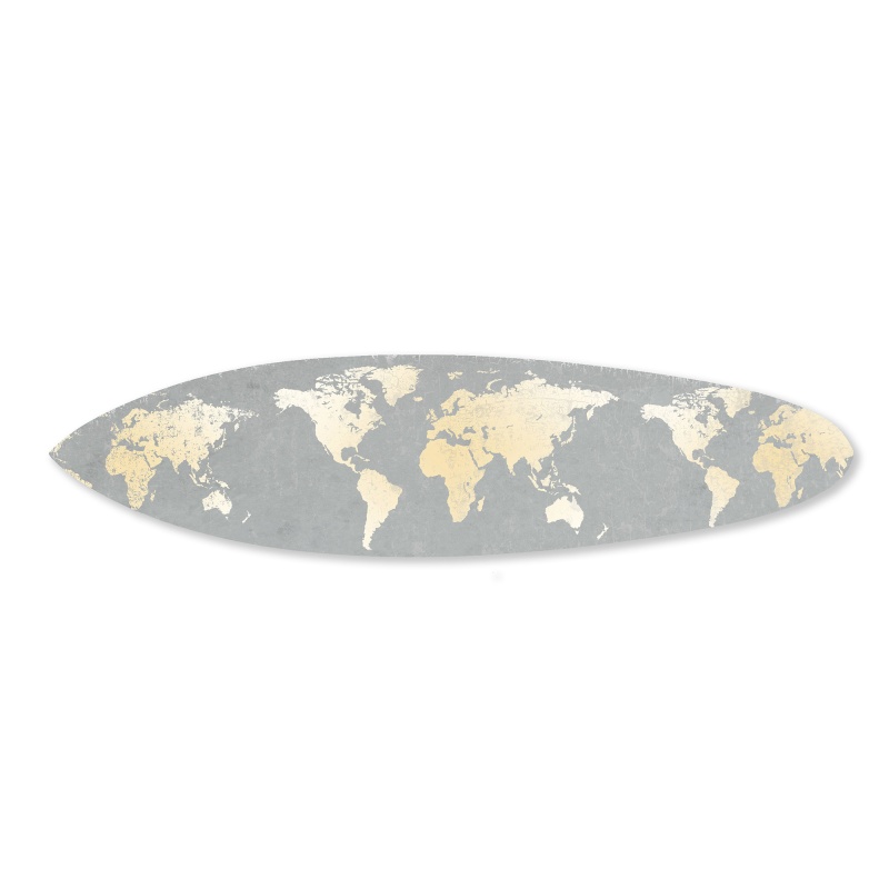 Wooden Surfboard Wall Art With World Map Print, Gray And White