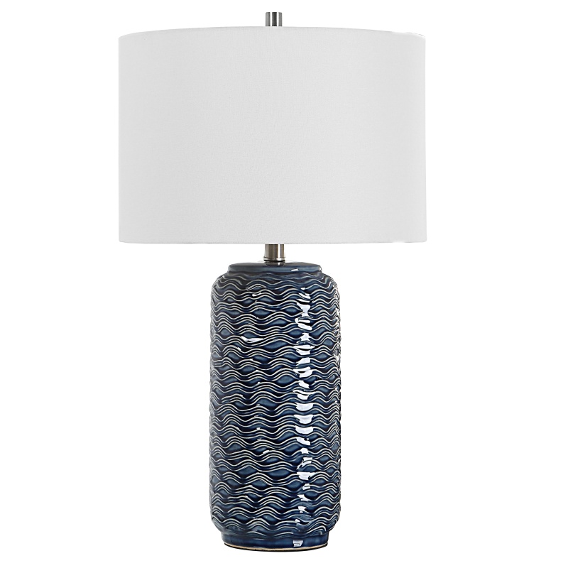 27 Inch Ceramic Table Lamp, Wavy Texture, Blue, Silver, White