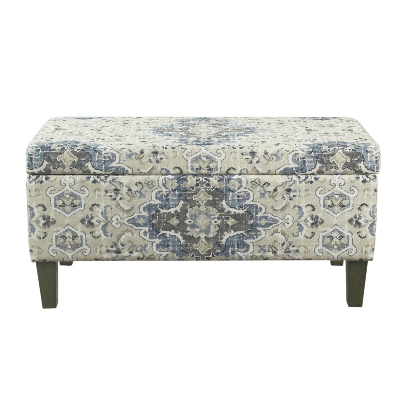 Medallion Print Fabric Upholstered Wooden Bench With Hinged Storage, Large, Blue And Cream