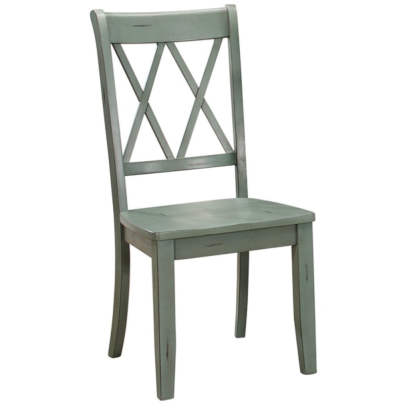 Pine Veneer Side Chair With Double X Cross Back, Teal Blue, Set Of 2
