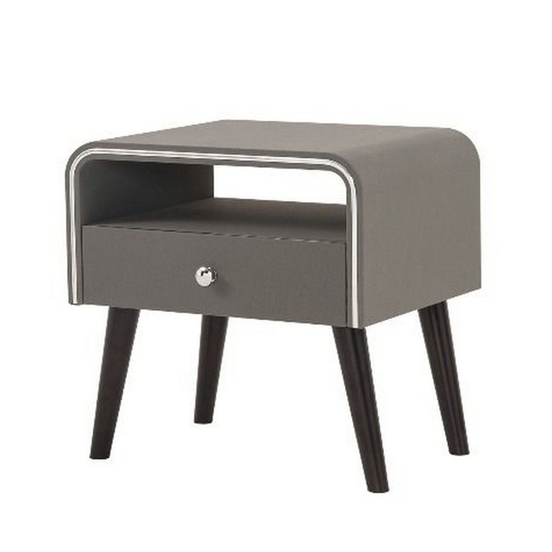 Curved Edge 1 Drawer Nightstand With Chrome Trim, Gray And Brown