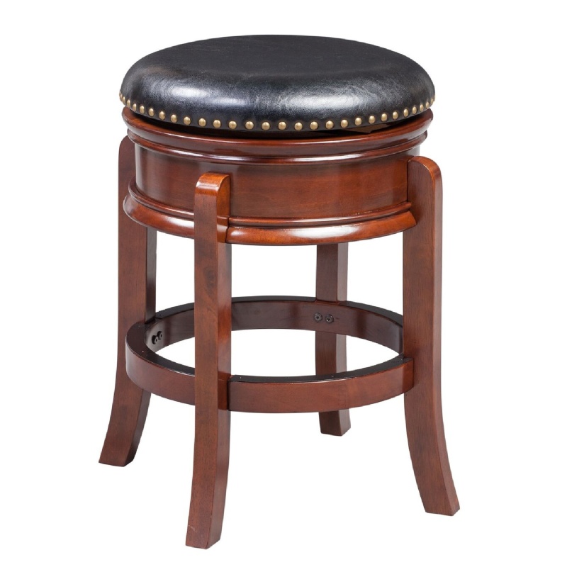 Sabi 24 Inch Swivel Counter Stool, Solid Wood, Faux Leather, Brown, Black