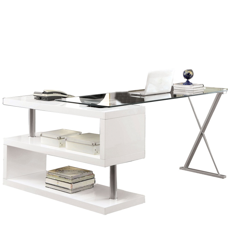 Movable Glass Top Desk With X Shaped Side Panel, White And Clear