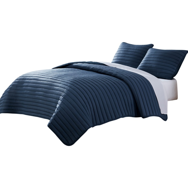 Cabe 3 Piece Queen Comforter Set, Polyester Puffer Channel Quilt, Navy Blue