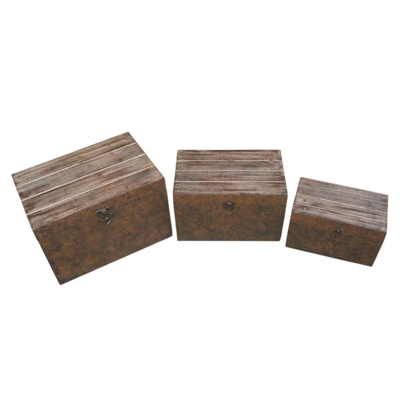 Wooden Lift Top Storage Box With Grain Details, Set Of 3, Brown