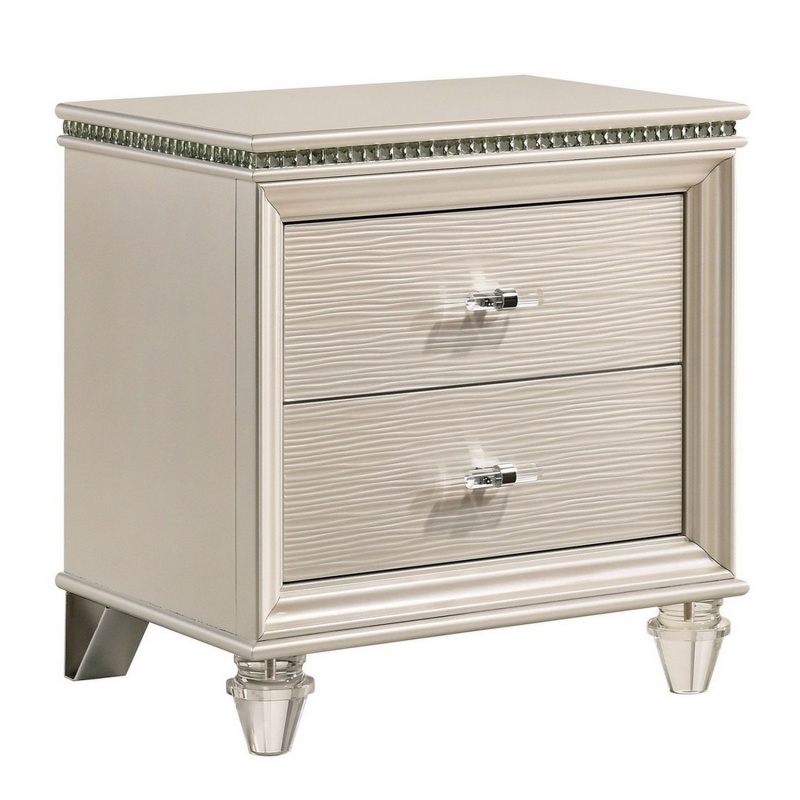 Nightstand With Textured 2 Drawers And Acrylic Legs, Pearl White