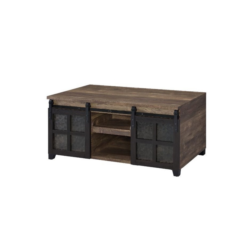 Coffee Table With 2 Barn Sliding Glass Doors And Pull Out Tray, Brown
