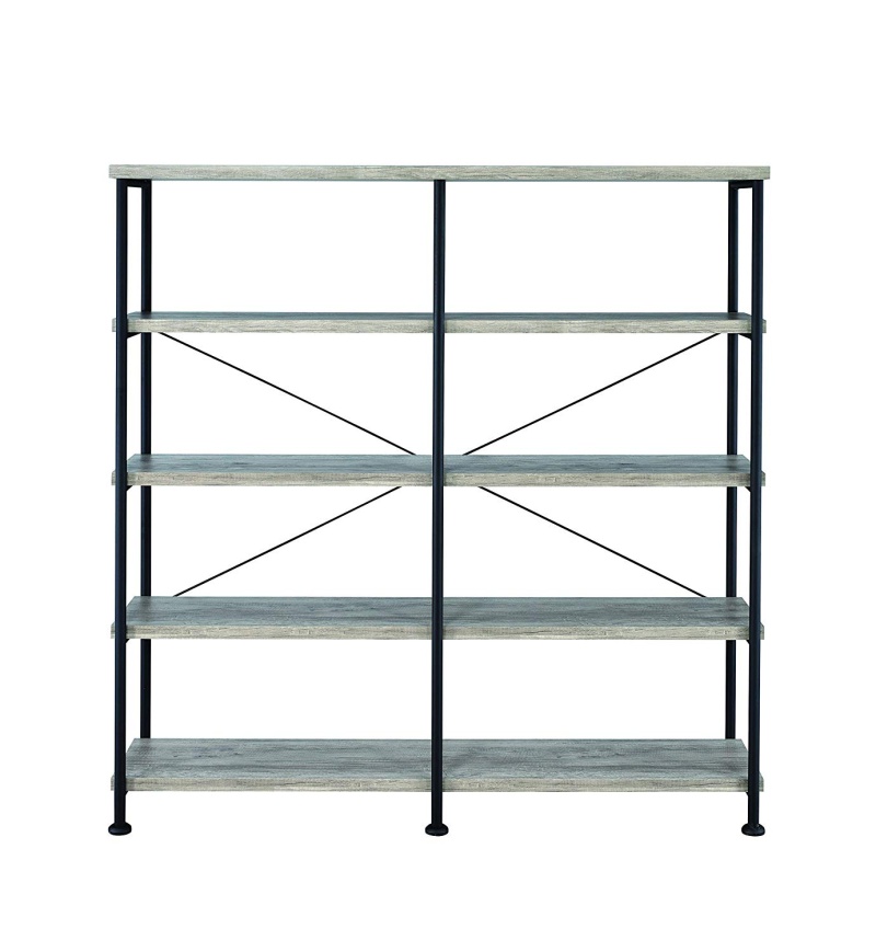 Olga 63 Inch Industrial 4 Tier Bookshelf, Particleboard, Metal Frame, Gray, Black