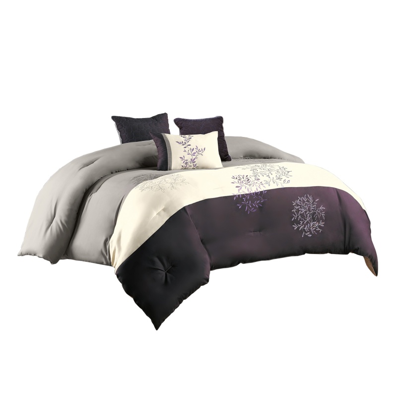 7 Piece Queen Polyester Comforter Set With Leaf Embroidery, Gray And Purple