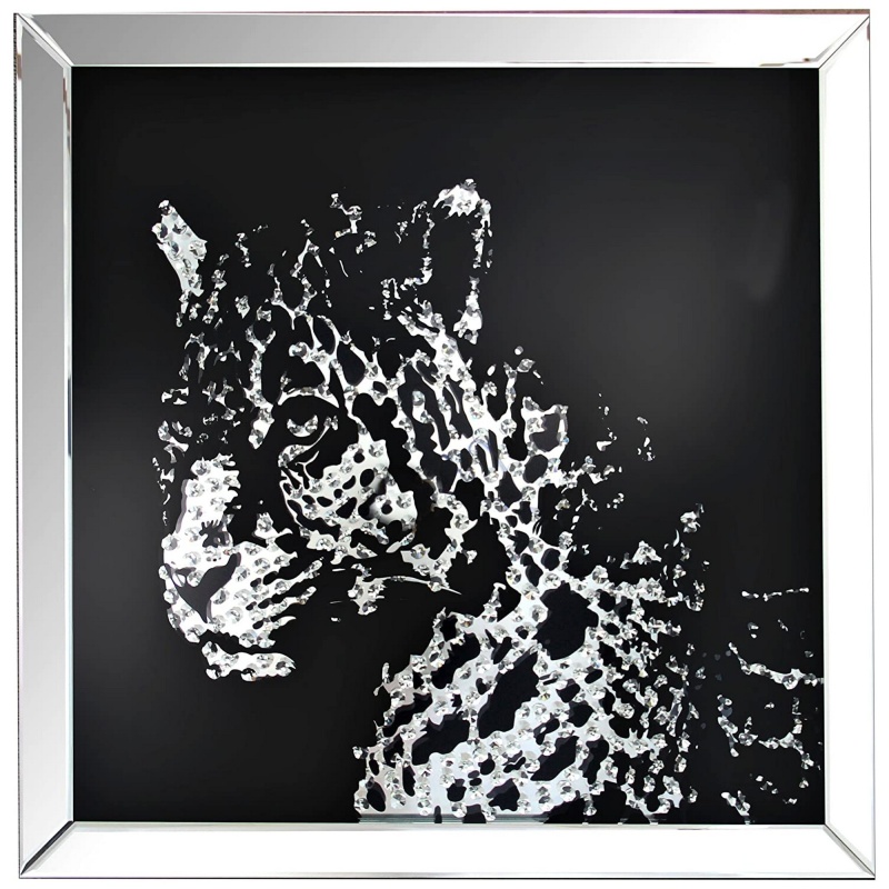Square Shape Mirror Framed Leopard Wall Decor With Crystal Inlays, Black & Silver
