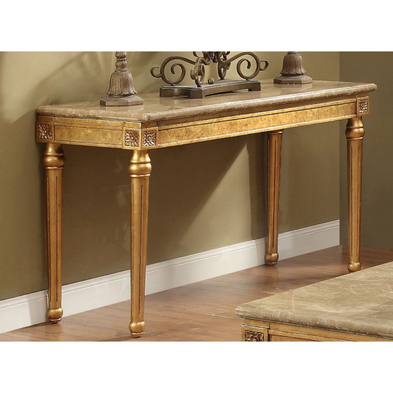Marble Top Sofa Table With Fluted Detail Wooden Turned Legs, Gold