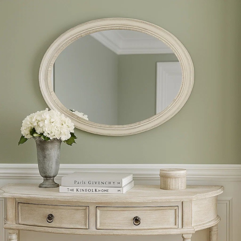 Oval Shaped Wooden Mirror With Molded Details, Antique White