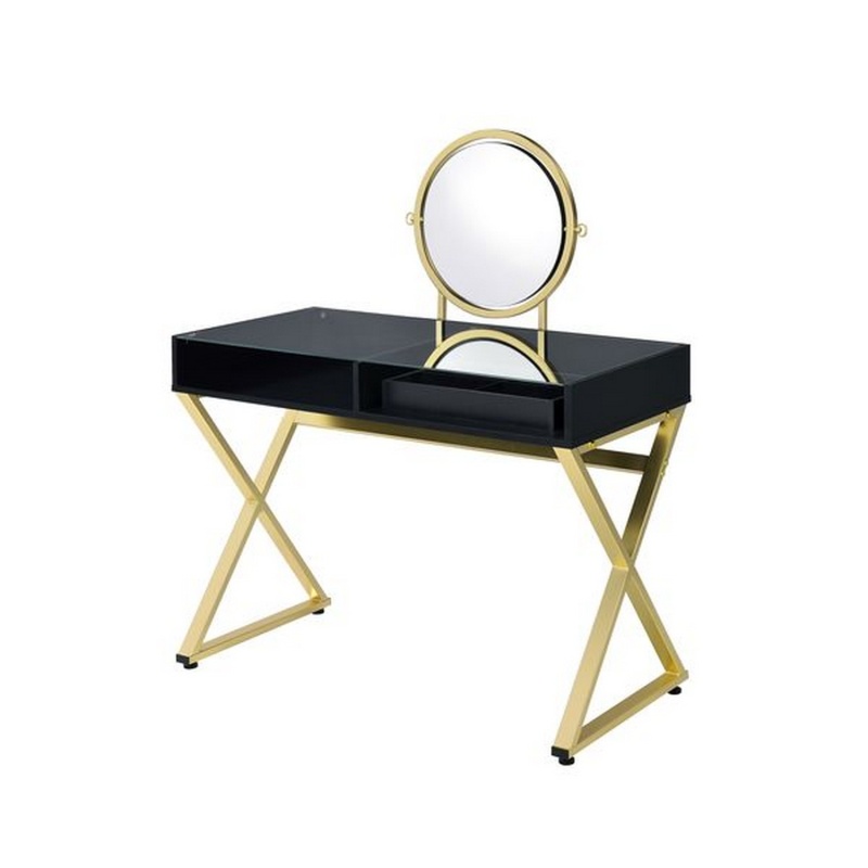 Vanity Desk With Round Mirror And Cross Metal Legs, Black And Gold