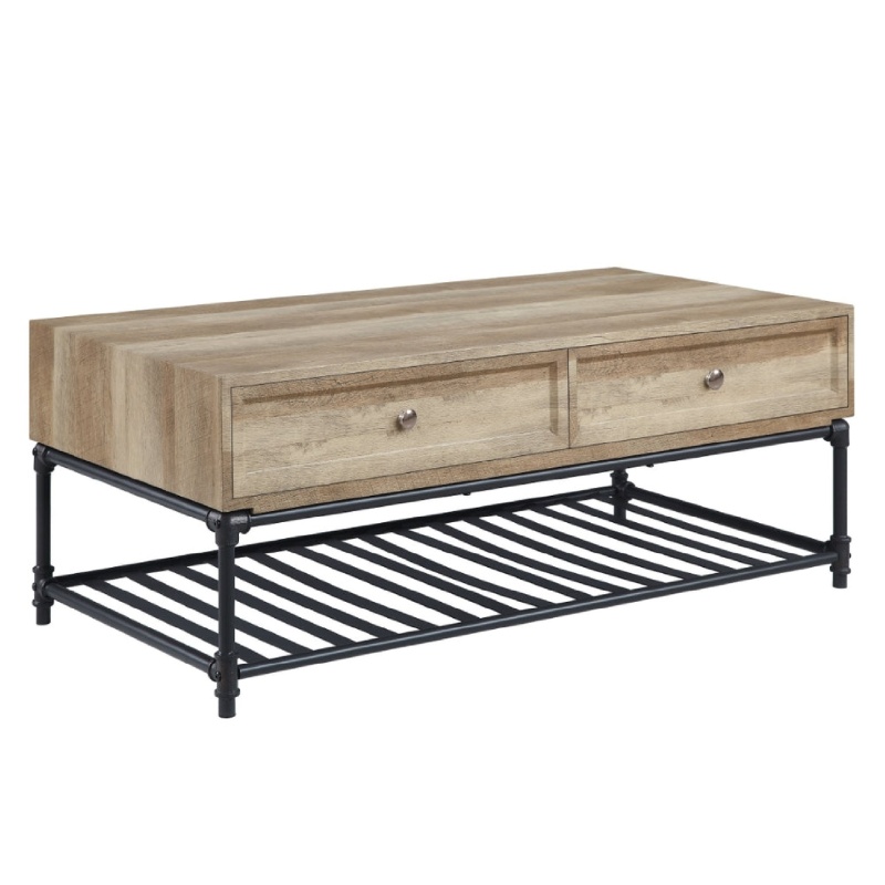 Ley 47 Inch Coffee Table, 2 Drawers, Industrial Design, Slatted Shelf, Oak