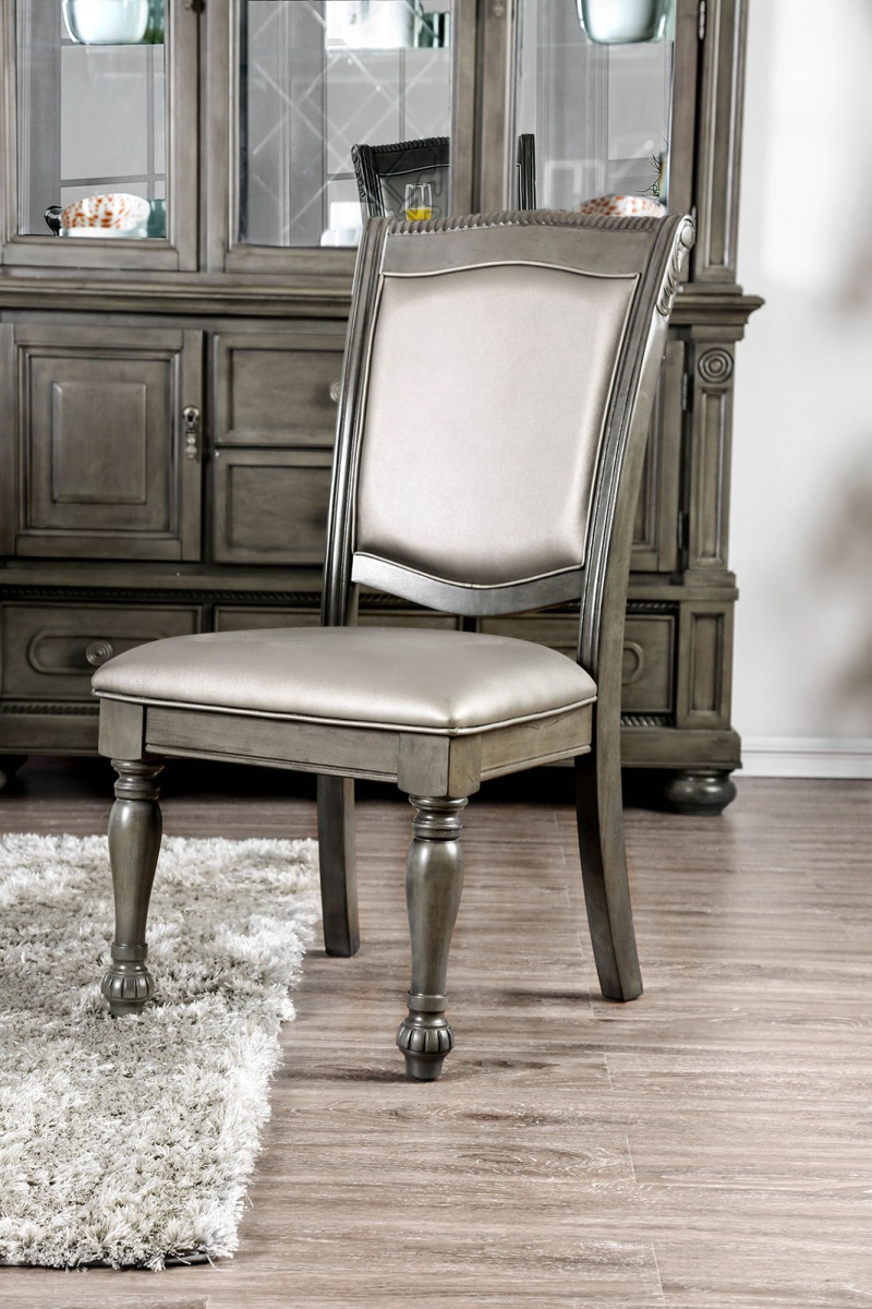Faux Leather Upholstered Solid Wood Side Chair, Pack of Two, Silver And Gray