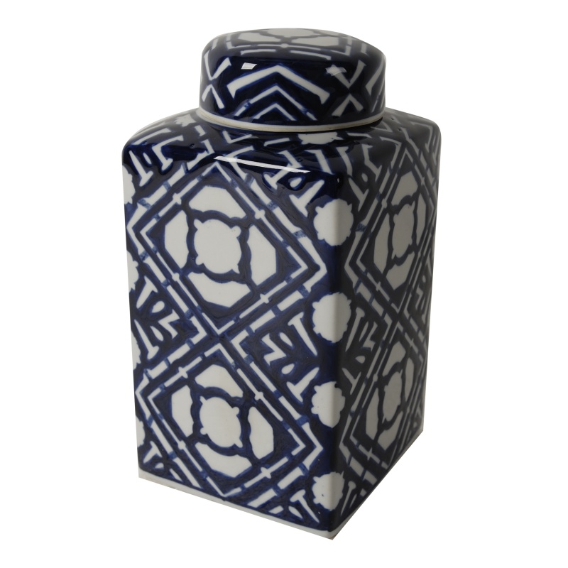 10 Inch Lidded Jar, Deep Blue Graphic Trellis