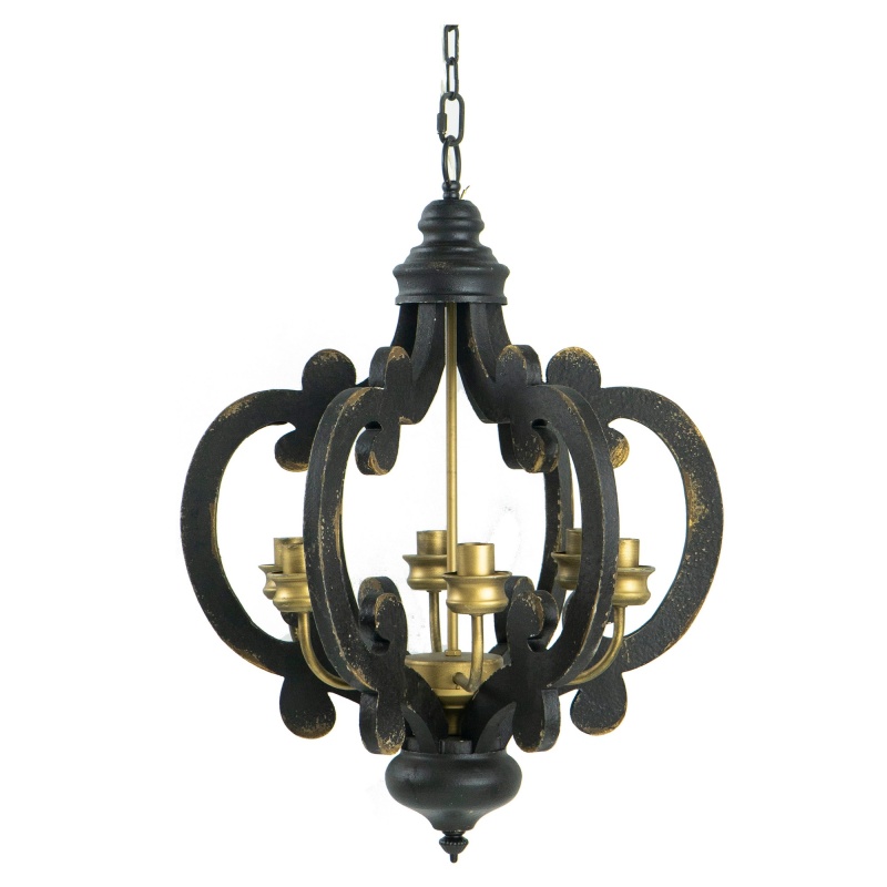 Aki 21 Inch Carved Wood Chandelier, 6 Lights