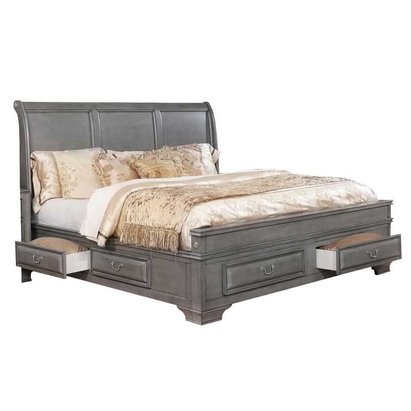 Wooden Queen Size Bed With Spacious Storage Drawers, Gray