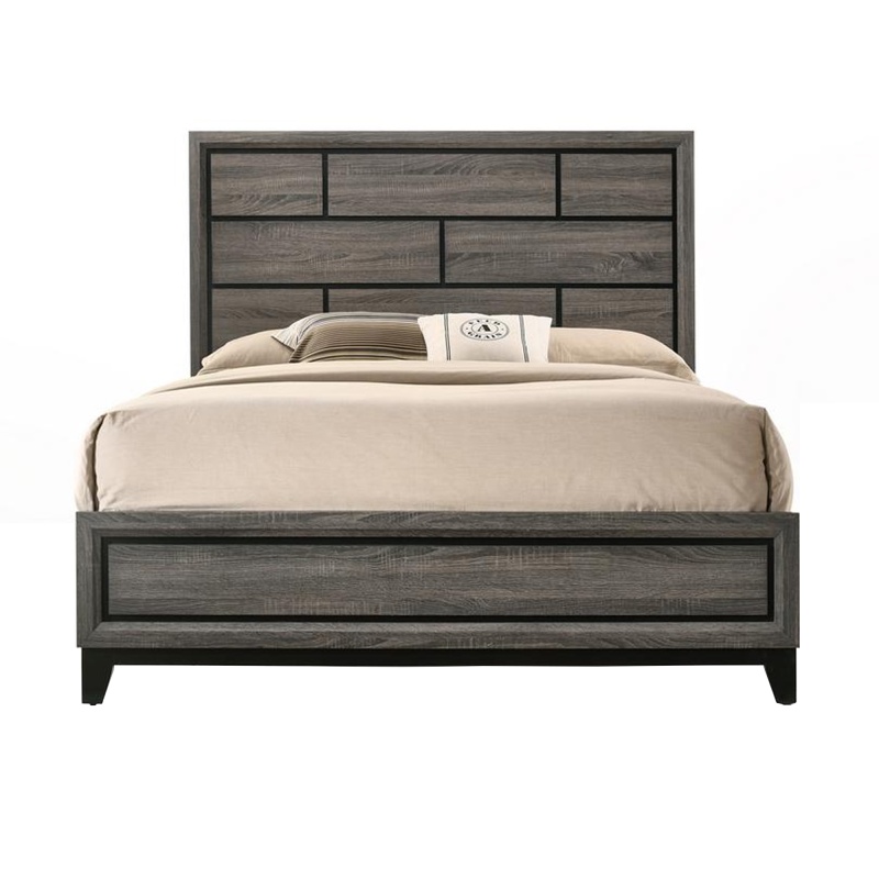 Transitional Style Wooden Queen Size Bed With Brick Elements Panel Headboard, Gray