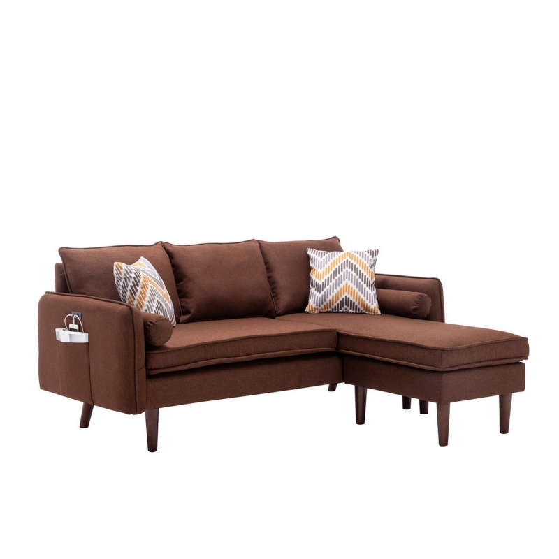 Ranon 70 Inch Sectional Chaise Sofa, Pillows, Usb Ports, Side Pockets Brown
